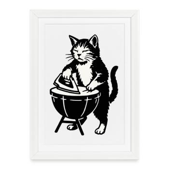 Chat barbecue au barbecue - Affiche encadrée (27 × 37 cm) - blanc - Devant