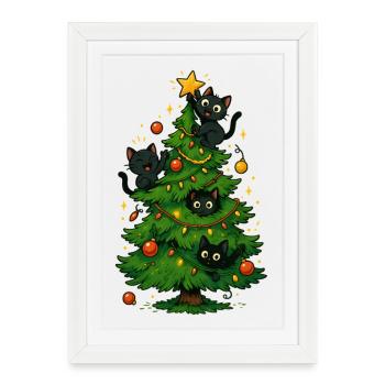 Des chats noirs sur le sapin de Noël - Affiche encadrée (27 × 37 cm) - blanc - Devant