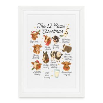 The 12 Cows of Christmas – Lustiges Weihnachtskuh  - Gerahmtes Poster (27 × 37 cm) - Weiß - Vorne
