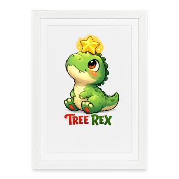 Arbre Rex avec guirlandes lumineuses et cadeau de Noël - Affiche encadrée (27 × 37 cm) - blanc - Devant