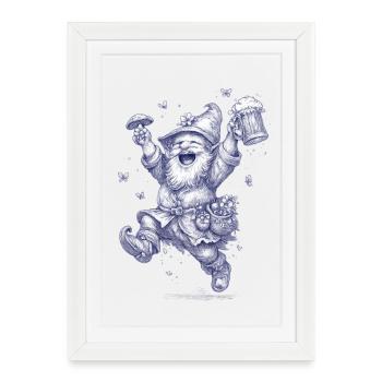Gnome with mushroom and beer glass - Framed poster (27 × 37 cm) - white - Front