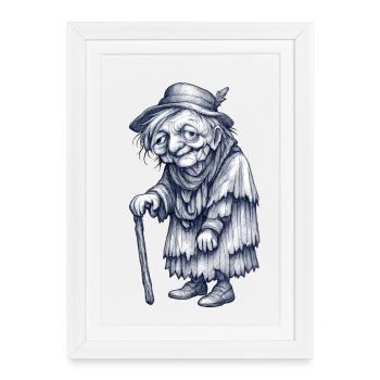 Vieux Vieil Homme avec Canne Vintage | Mamie Sorcière - Affiche encadrée (27 × 37 cm) - blanc - Devant