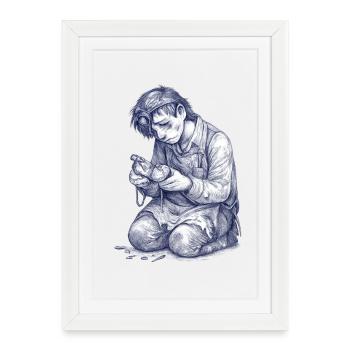 Kneeling Craftsman | Hand Painted Drawing - Framed poster (27 × 37 cm) - white - Front