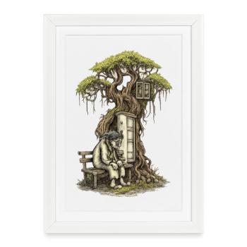 Old woman on the bench | Treehouse of Memories - Framed poster (27 × 37 cm) - white - Front