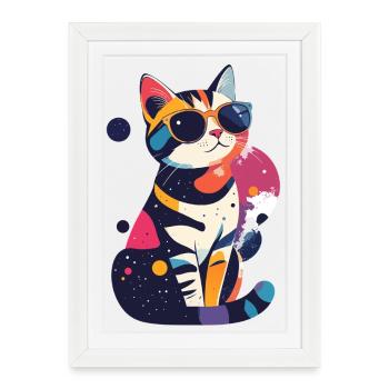 Katze mit Sonnenbrille cooles Katzen Pop Art Motiv - Gerahmtes Poster (27 × 37 cm) - Weiß - Vorne