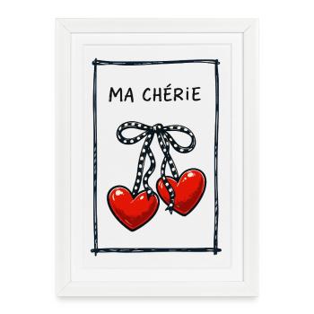 Ma Chérie – Illustration de cerises en forme de cœur doux - Affiche encadrée (27 × 37 cm) - blanc - Devant