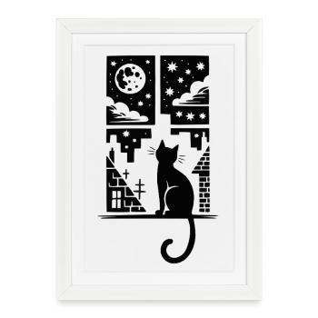 Cat at the window moonlit night - Framed poster (27 × 37 cm) - white - Front