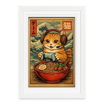 Japanese Ramen Cat Gaming Otaku Noodle Bowl - Framed poster (27 × 37 cm) - white - Front