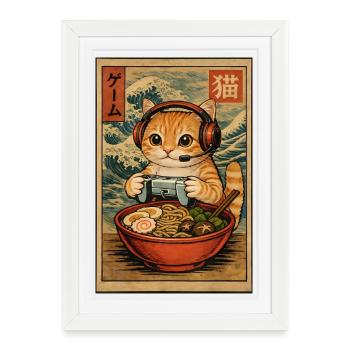 Japanese Ramen Cat Gaming Otaku Noodle Bowl - Framed poster (27 × 37 cm) - white - Front