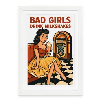 Pin-up des années 50 : Bad Girls boivent des milkshakes Rockabilly - Affiche encadrée (27 × 37 cm) - blanc - Devant
