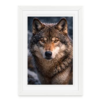 Loup dans la neige et le brouillard - Affiche encadrée (27 × 37 cm) - blanc - Devant
