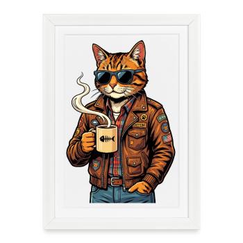 Chat motard avec du café - Affiche encadrée (27 × 37 cm) - blanc - Devant