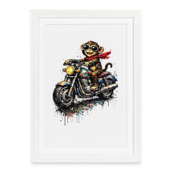 Monkey on motorcycle color explosion - Framed poster (27 × 37 cm) - white - Front