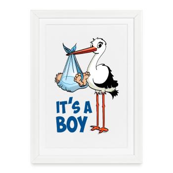 Cigogne avec un petit garçon ; « C’est un garçon » - Affiche encadrée (27 × 37 cm) - blanc - Devant