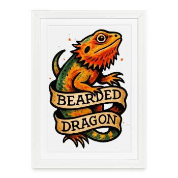 Dragon Barbu Pogona avec Bannière Vintage - Affiche encadrée (27 × 37 cm) - blanc - Devant