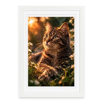 Chat au coucher du soleil - Affiche encadrée (27 × 37 cm) - blanc - Devant