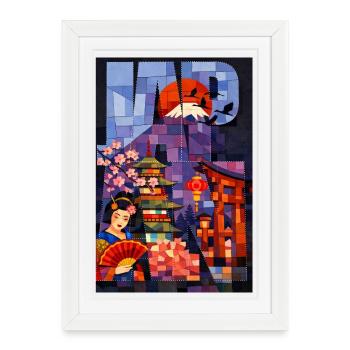 Japon Illustration Artistique – Mont Fuji Soleil - Affiche encadrée (27 × 37 cm) - blanc - Devant
