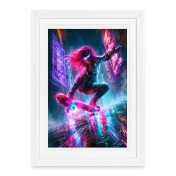 Neon Cyberpunk Skater in Rain - Framed poster (27 × 37 cm) - white - Front