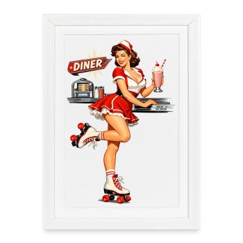 Fille rétro Pin-Up dans un diner des années 50 avec un milkshake - Affiche encadrée (27 × 37 cm) - blanc - Devant