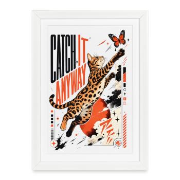 Catch It Anyway – Dynamic Bengal Cat Jump - Framed poster (27 × 37 cm) - white - Front
