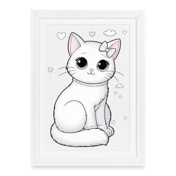 Cat White with Bow Cuddle and Cuddle - Framed poster (27 × 37 cm) - white - Front