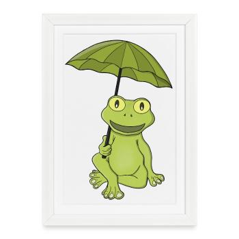 Grenouille verte sous parapluie - Affiche encadrée (27 × 37 cm) - blanc - Devant