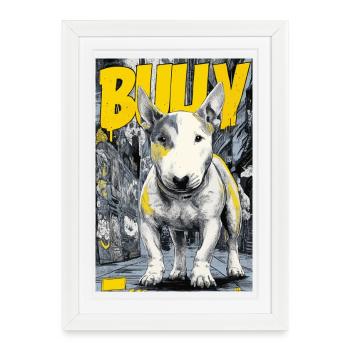 Bull Terrier – Chien des rues urbain dans le style BD - Affiche encadrée (27 × 37 cm) - blanc - Devant