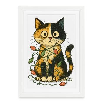 Cat in Christmas Lights - Framed poster (27 × 37 cm) - white - Front