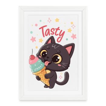 Chat gourmand et crème glacée - Framed poster (27 × 37 cm) - white - Front