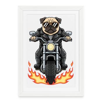 Cool Biker Pug Motorcycle Flammes - Affiche encadrée (27 × 37 cm) - blanc - Devant