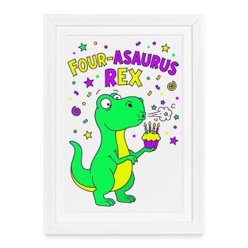 4e anniversaire du Quatre-Asaurus Rex - Affiche encadrée (27 × 37 cm) - blanc - Devant