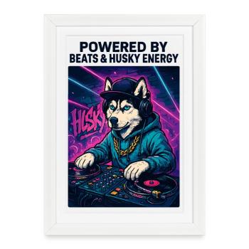 Husky DJ – Streetwear urbain avec Beats Energy - Affiche encadrée (27 × 37 cm) - blanc - Devant