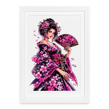 Art du kimono fleur de geisha - Affiche encadrée (27 × 37 cm) - blanc - Devant