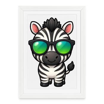 Mignonne dessin animé zébré Kawaii avec des lunettes de soleil - Affiche encadrée (27 × 37 cm) - blanc - Devant