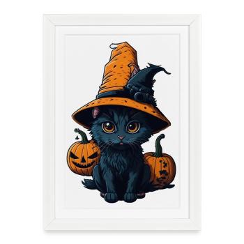 Chat mignon chapeau sorcière halloween - Affiche encadrée (27 × 37 cm) - blanc - Devant