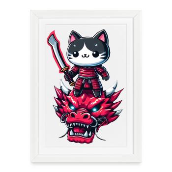 Samurai Cat with Sword on Dragon in Epic 3D Effect - Framed poster (27 × 37 cm) - white - Front