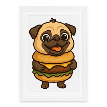Drôle de carlin avec créature mythique au cheeseburger de Hambourg - Affiche encadrée (27 × 37 cm) - blanc - Devant