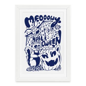 Miaou Halloween Chat Citrouille Dessin Animé Doodle - Affiche encadrée (27 × 37 cm) - blanc - Devant