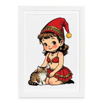 Gnome girl strokes cat - Framed poster (27 × 37 cm) - white - Front