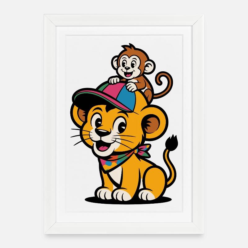 Süßer Löwe und Affe – Beste Freunde - Gerahmtes Poster (27 × 37 cm) - Weiß