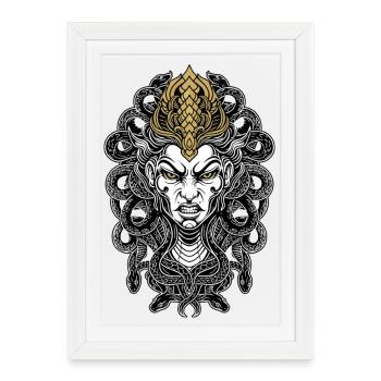 Masque Méduse Gorgone Or et Blanc Mythologique - Affiche encadrée (27 × 37 cm) - blanc - Devant