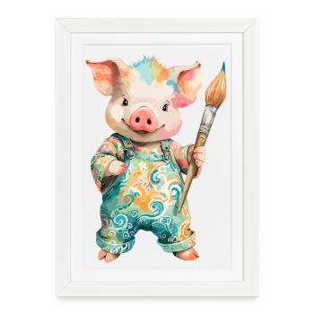 Cochon coloré avec un pinceau - Affiche encadrée (27 × 37 cm) - blanc - Devant