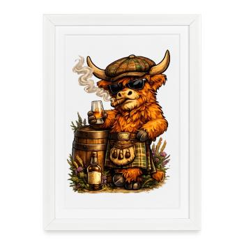 Bétail des Highlands avec fût de whisky, cigare et kilt - Affiche encadrée (27 × 37 cm) - blanc - Devant
