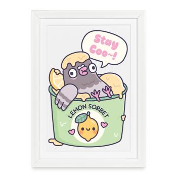 Pigeon drôle qui se détend dans une glace au sorbet au citron - Affiche encadrée (27 × 37 cm) - blanc - Devant
