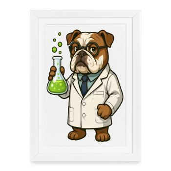 Un scientifique bouledogue tenant une fiole de chimie dessin animé - Affiche encadrée (27 × 37 cm) - blanc - Devant