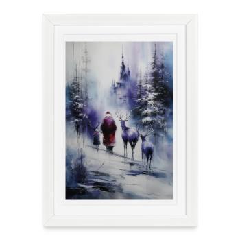 Silhouette hivernale: Père Noël et rennes - Affiche encadrée (27 × 37 cm) - blanc - Devant