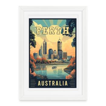 Découvrez la ville au bord de la rivière Swan, Perth en Australie - Affiche encadrée (27 × 37 cm) - blanc - Devant