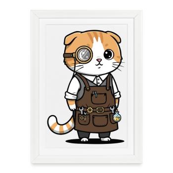 Chat Scottish Fold Steampunk Monocle Inventeur - Affiche encadrée (27 × 37 cm) - blanc - Devant