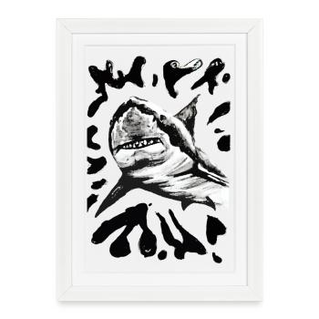 Dessin à l’encre de requin noir et blanc - Affiche encadrée (27 × 37 cm) - blanc - Devant