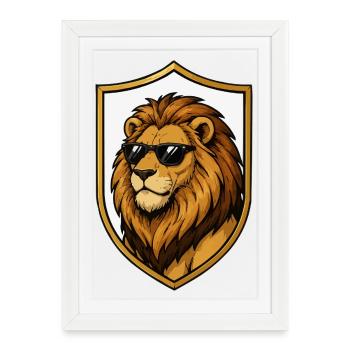 Lion avec des lunettes de soleil dans le bouclier - Affiche encadrée (27 × 37 cm) - blanc - Devant